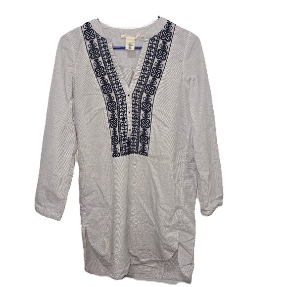 H&M Size 4 Embroidered Tunic Dress Mini Boho Peasant Long Sleeve Navy White - Picture 1 of 9